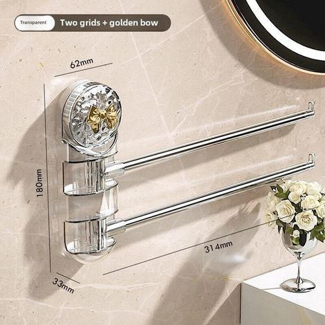 Toallero plateado transparente de 2 barras con 1 nudo dorado, sin perforaciones, con múltiples postes giratorios, para baño y aseo.