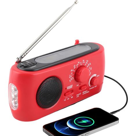 Radio de manivela multifuncional con pantalla LED y función SOS – Funcionamiento manual, solar y USB – ABS, 150 x 72 x 50 mm, 270 g, Blanco, Batería de litio de 1200 mAh (1/5)