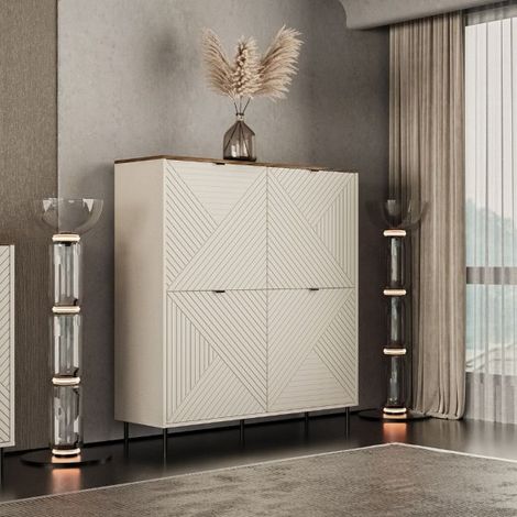 Credenza Mirage02 con 4 ante design geometrico colore cashmere e top rovere