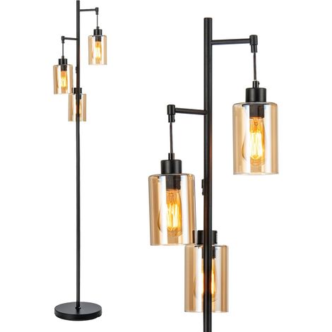 Stehlampe aus bernsteinfarbenem Glas, 3 Schirme, Fußschalter, Metallfuß