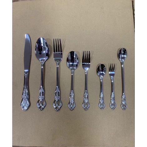 Service de table européen de style royal, 8 pièces, avec fourchettes à dîner à motifs en relief rétro, en acier inoxydable, idéal pour la table. (1/5)