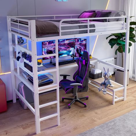 Letto a soppalco moderno 90x200 cm in metallo bianco con scrivania, mensole, pannello forato, LED, USB Type-C e scala (1/5)