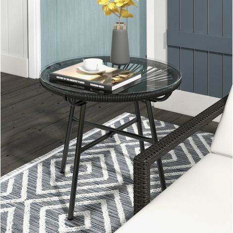 Mesa auxiliar de jardín estilo boho 50 x 50 x 50 cm en PE-rattan y vidrio templado, negra HAVRYA (1/5)