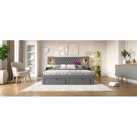 (=AB30260890G) Ligne de lit complet 160×200 cm, 2 tables de nuit et 4 tiroirs. Éclairage tête de lit/USB, velours gris, sans matelas. (1/5)