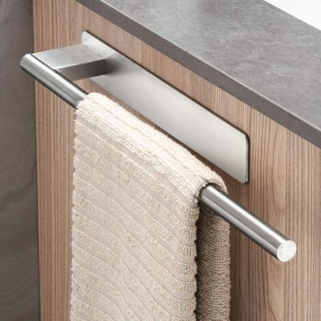 No-Drill Towel Rack, Wall-Mounted Towel Holder in 304 Brushed Silver Stainless Steel, Self-Adhesive Single Arm Towel Bar for Bathroom and Kitchen (1/5)