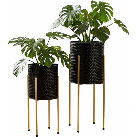 Relaxdays Blumenständer 2er Set, Metall, 2 Größen, Gestell, Wohnzimmer & Flur, runder Pflanztopfständer, schwarz/gold (1/5)