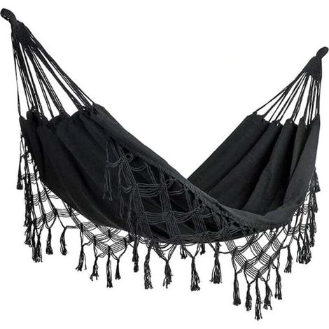 Hamac double en coton doux pour deux personnes, idéal pour la maison ou l'extérieur (intérieur/extérieur), pour terrasse, jardin, véranda, pelouse et cour. Couleur noire. Charge maximale : 227 kg (500