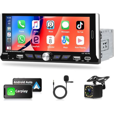 Autoradio 1 DIN avec A-pple CarPlay Android Auto, écran Tactile IPS 6,9 Pouces, Bluetooth, Rétroéclairage Coloré, égaliseur, FM, RDS, Ports USB et Type-C+Caméra de Recul (1/5)