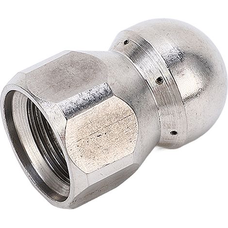 Buse de nettoyage haute pression 5000 PSI pour le débouchage de canalisations, buse de nettoyage à jet d'eau en acier inoxydable, tête sphérique, 1 orifice avant et 1 orifice arrière, 6 trous G3/8 po