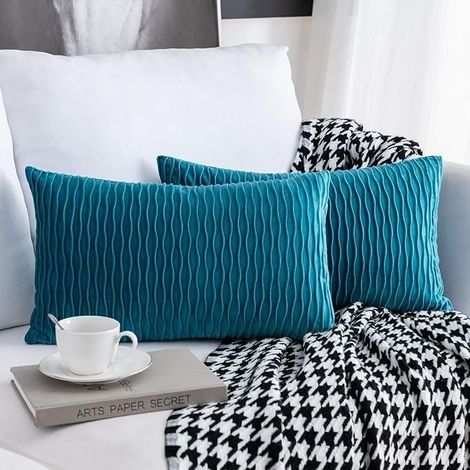 Housse de Coussin Velours, Lot de 2 taie d'oreiller Décorative Housses Coussin Carrés de Motif Uni, Housses d'oreiller Modernes pour Maison Salon Canapé Décoration Chambre, 30x50cm Turquoise (1/4)