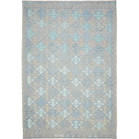 Tapis kilim, 204 x 295 cm, géométrique, bleu, beige et gris, en laine naturelle, tissé plat artisanal (1/5)
