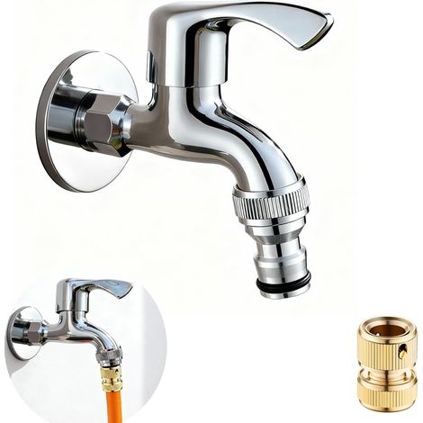 Robinet de jardin extérieur en laiton chromé avec connexion rapide et ruban d'étanchéité, robinet utilitaire à eau froide robinet 1,27 cm (1/5)