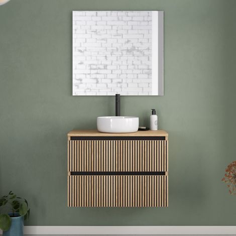 Meuble de salle de bain 60cm avec plateau et vasque à poser ronde - 2 tiroirs - roble era (chêne clair) - VENERIA