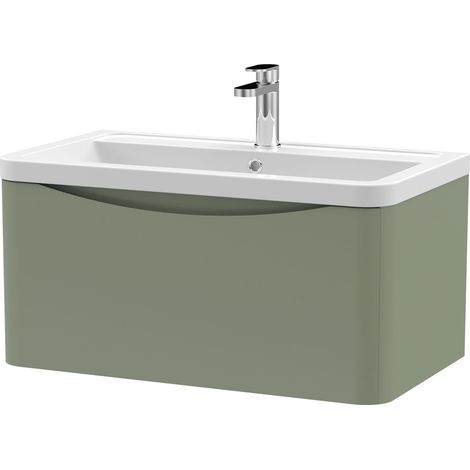 Nuie Lunar Satin Green 800mm Wall Hung Single Drawer Vanity Unit and Ceramic Basin - LUN806A (1/3)