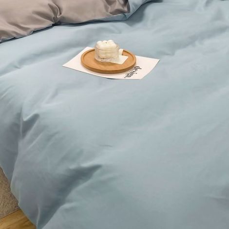 Ensemble de literie en coton brossé lavé uni, draps en coton doux pour la peau, housse de couette, taies d'oreiller, gris argenté et bleu, ensemble trois pièces de 1,2 m. (1/5)