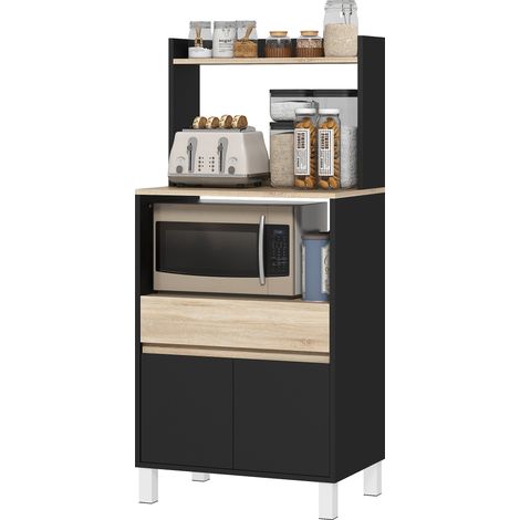 Küchenbuffet mit Mikrowelle, 60 x 40 x 131 cm, Eiche schwarz, mit Schublade und Ablagefläche