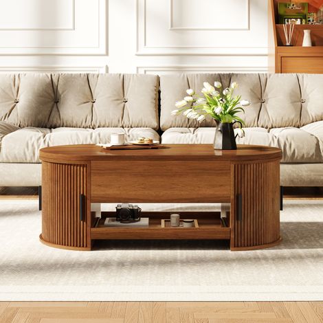 Mesa de centro con función elevable, mesa de salón con espacio de almacenamiento oculto, mesa auxiliar moderna con estructura ranurada, puertas laterales correderas y práctico espacio de almacenamient (1/5)