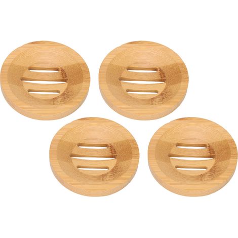 Porte-savon en bambou (lot de 4), égouttoir, facile à nettoyer, pour salle de bain ou cuisine, diamètre 8 cm. (1/5)
