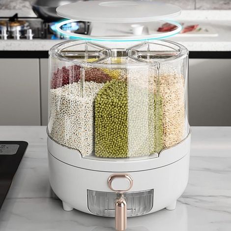Dispenser di cereali girevole a 360°. Elegante contenitore per riso e legumi. Realizzato in plastica PP trasparente. Grande formato. Universale e salvaspazio. (1/4)