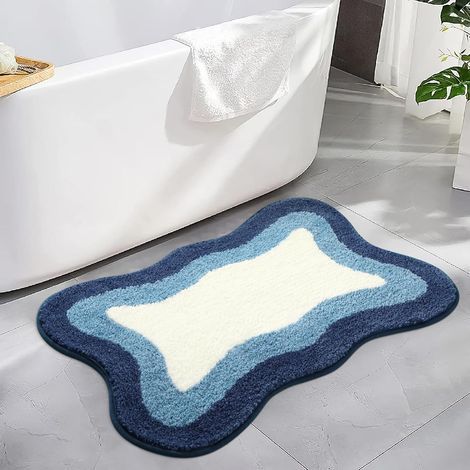 Tapis de salle de bain 60 x 40 cm, extra doux, antidérapant, bleu, forme irrégulière, lavable, pour salle de bain, paillasson, baignoire, douche (1/4)