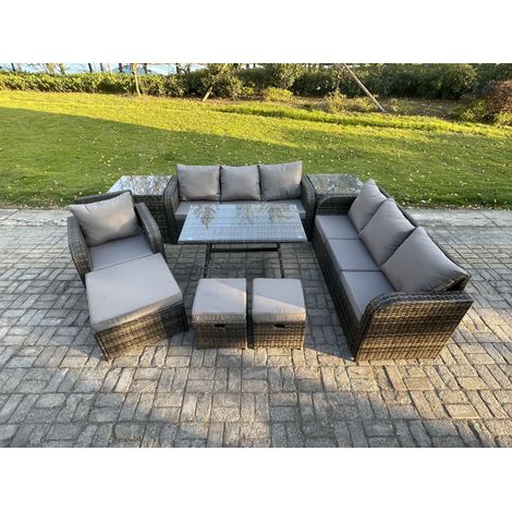 Fimous Wicker 9 Stücke Polyrattan Gartenmöbel set mit Rechteckiger Esstisch Sessel 3 Hockern 2 Beistelltischen Dunkelgrau Gemischt (1/5)