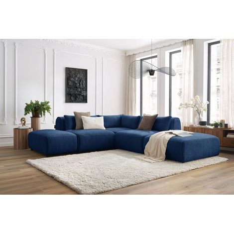 BOBOCHIC - Canapé d'angle fixe modulable JEANNE tissu texturé avec 2 chauffeuses, 1 angle et 2 poufs Bleu foncé (1/5)