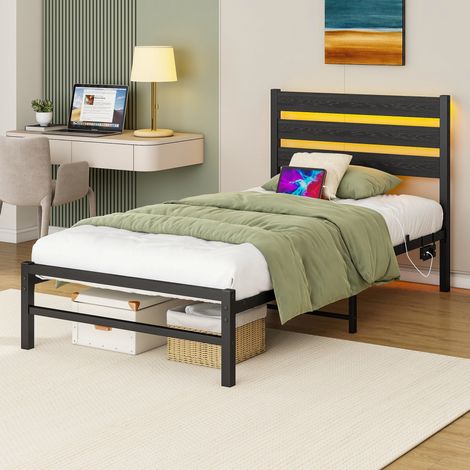 Cama 90x200 cm con cabecero, LED y USB, metal negro, almacenaje bajo cama, REDOM (1/5)