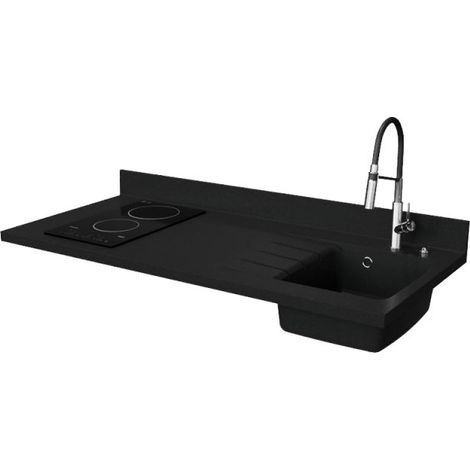 Plan de travail monobloc PlaniQuartz avec évier - 140 cm - Nero - évier à droite - Plaque de cuisson Vitrocéramique