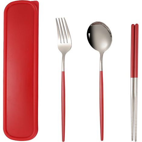 2 Couverts de voyage, Acier inoxydable, Fourchette Cuillère Baguettes, Boîte de transport, Camping (1/5)