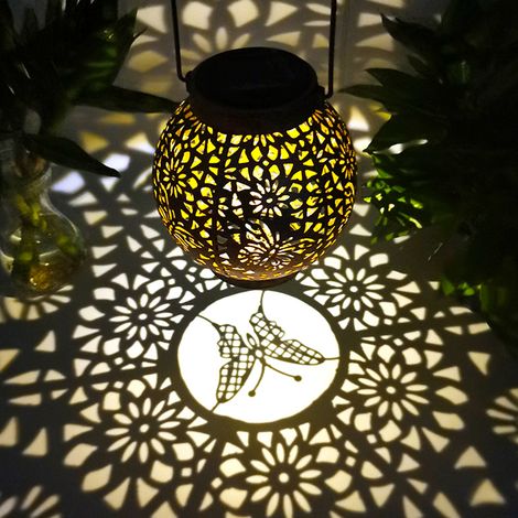 Ortviai Lampe solaire d'extérieur pour jardin – lanterne sphérique en fer avec motifs papillon, libellule et colibri (1/4)