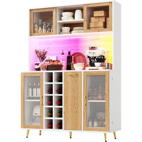 Buffet de cuisine blanc décor bois avec LED, prise intégrée, range-bouteilles, 5 portes et grand rangement 120 x 40 x 180 cm pour salle à manger  CHICFURN (1/5)