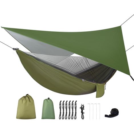 Amaca da campeggio con telo antipioggia e zanzariera, cinghie per alberi, amaca da paracadute portatile in nylon singola o doppia, set di teli antipioggia per escursionismo e trekking, colore verde.