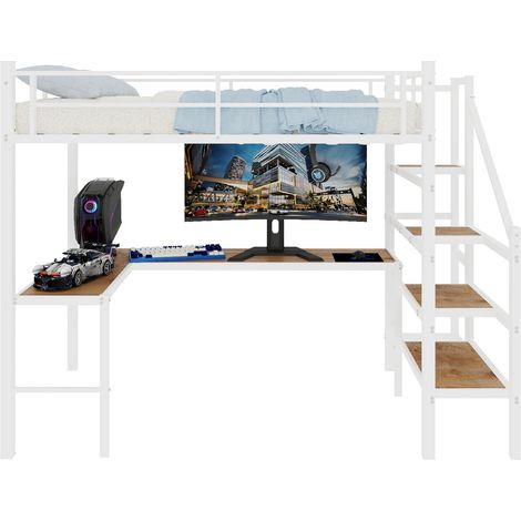 Lit mezzanine avec bureau d’angle, rangement intégré, échelle avec marches et sécurité 360°, structure en métal blanc, pour chambre compacte - CHICFURN (1/5)