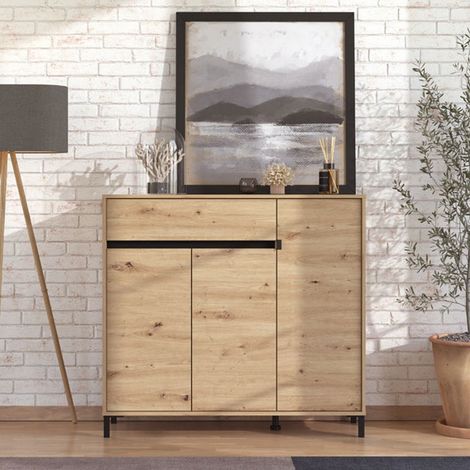 Zapatero Orotelli, mueble zapatero con un cajón, 6 estantes, 3 puertas, 119x40x110h cm marrón roble nudoso (1/5)