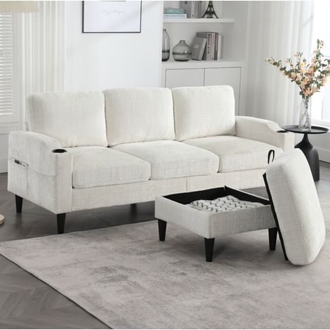 Canapé 4 places en chenille beige avec pouf coffre, porte-gobelets et poches latérales 196,5 cm (1/5)