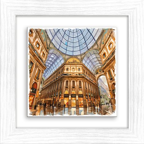 Lupia - Quadro moderno con paesaggi e localismi italiani, Ceramica e Stampa Rilievo, Cornice Legno Shabby Modern bianca, Decorazione Parete, Quadretti Soggiorno, 29x29 cm MILANO GALLERIA VITT.EMANUELE (1/4)