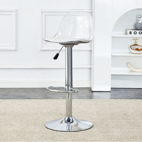 Tabouret de bar réglable en métal et plastique blanc et argent, dossier transparent, rotation 360°,40.5×40.5×0cm (1/5)