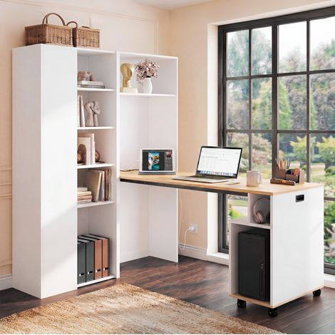 Schreibtisch klappbar 2-in-1 aus MDF 104,5x30,5x160 cm weiß, Regal mit EU-Steckdose und USB (1/5)