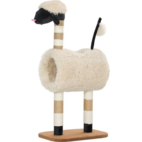 Katzenbaum in Schafform mit Kratzbaum, Tunnel und Spielzeug, 98 cm, hellbeige