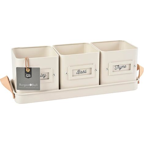 Burgon & Ball 3 Herb Pots in a Leather Handled Tray - Stone (1/3)