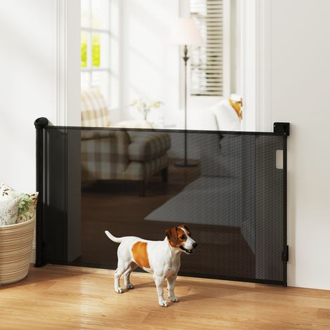 Cancelletto di sicurezza retrattile per cani da 0 a 140 cm con interruttore di blocco per porte e scale, colore nero.