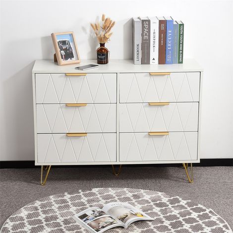 Fortuna Lai – Commode enfant 6 tiroirs 100x34x72.5cm – MDF blanc – Panneau en placage – Poignées et pieds dorés – Motif losange (1/5)