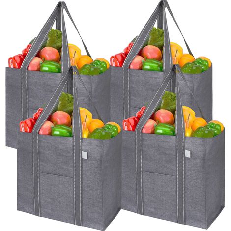 Sac de Course Réutilisables avec Poche Frontale, Base Renforcée, Sac Cabas Pliable 4pcs (1/5)