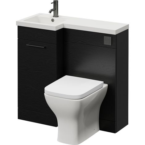 Napoli 390 Nero Oak 900mm Single Door Vanity Unit Toilet Suite with Left Hand Square Lucia Basin - 900mm - Gunmetal Grey 160mm HandleWith Kingston Toilet Pan and Seat