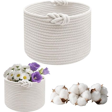 Panier Rangement, de Tressés en Coton pour Chambre d'Enfant,Bain,Chambre, D 24 x H 18 cm Blanc (1/4)