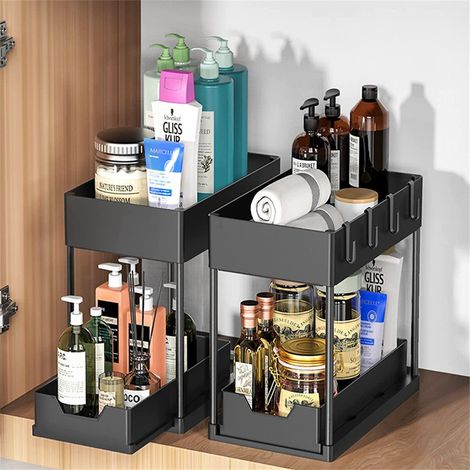 LEDANDER Set of 2 Under Sink Organizers, 2-Tier Under Cabinet Storage, Black Under Sink Organizers and Storage for Bathroom and Kitchen (1/5)