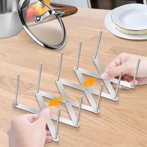 Porta coperchi espandibile a 4 livelli in acciaio inox, organizer da cucina antiruggine, per riporre taglieri, piatti e coperchi di pentole. (1/5)