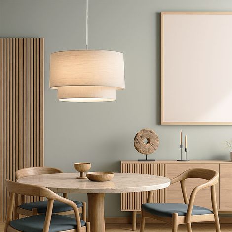 Hängelampe Esstischleuchte rund Pendellampe beige Textil Wohnzimmerlampe, Metall Nickel matt, 1x E27, DxH 40 x 150 cm