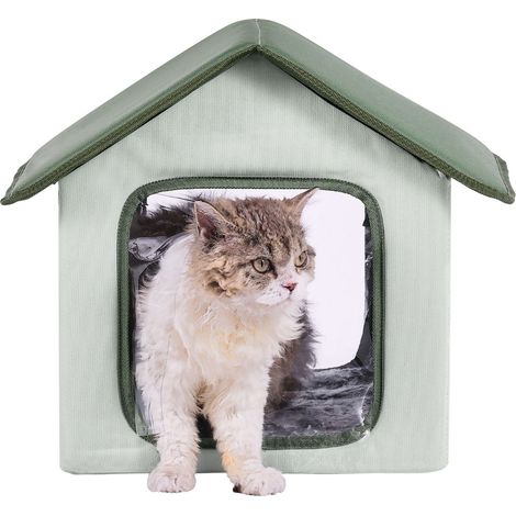 Niche chauffante pour chat extérieur avec minuterie, abri pliable Oxford 600D, coussin chauffant, vert, petite taille (1/5)