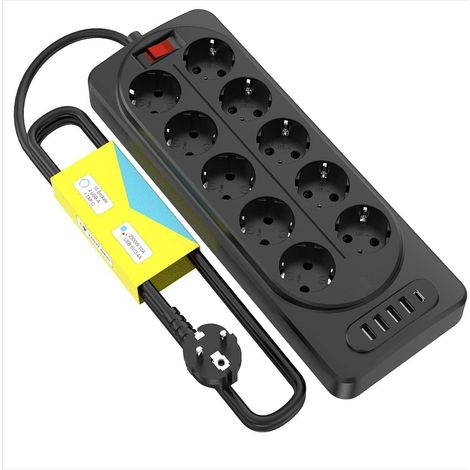 Socket With Usb Berker Socket Type C (Max. 125 V / 10 A / 2500W),Cubic Socket, Multi-Functional Smart Plug, Corded Plug Board, Lightning Protection(10 Ac+4 Usb+Type C,Black) Eu-Size (1/5)